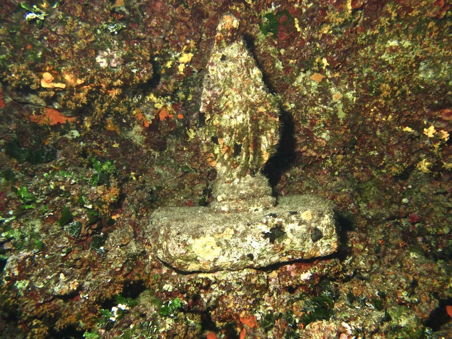 Statua subacquea su fondale roccioso colonizzato da alghe e organismi marini