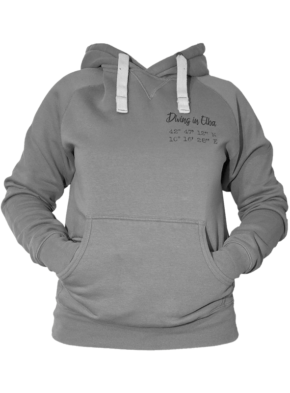 Felpa Diving in Elba color grigio, fronte con logo Diving in Elba e coordinate