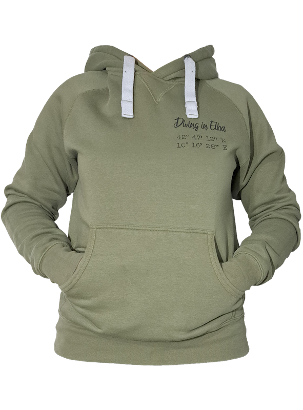 Felpa Diving in Elba color kaki, vista frontale con logo e coordinate geografiche