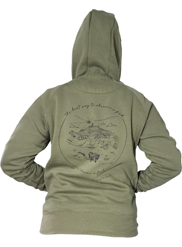Felpa Diving in Elba color kaki, vista posteriore con illustrazione subacquea di cernia e sub