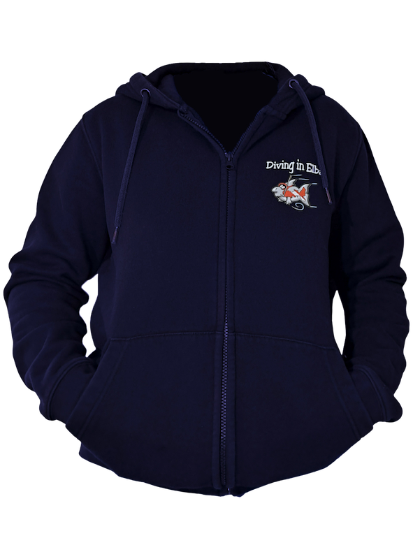 Felpa Diving in Elba blu navy con zip, vista frontale con logo