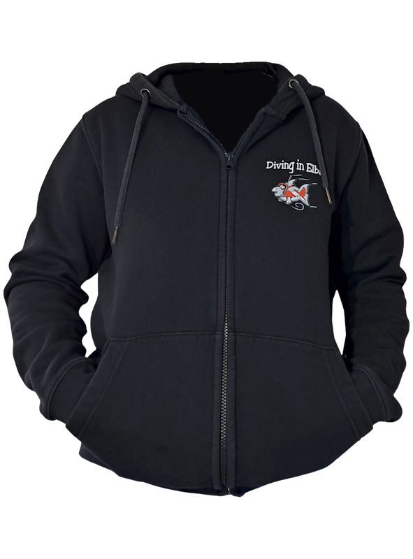 Felpa Diving in Elba nera con zip, vista frontale con logo