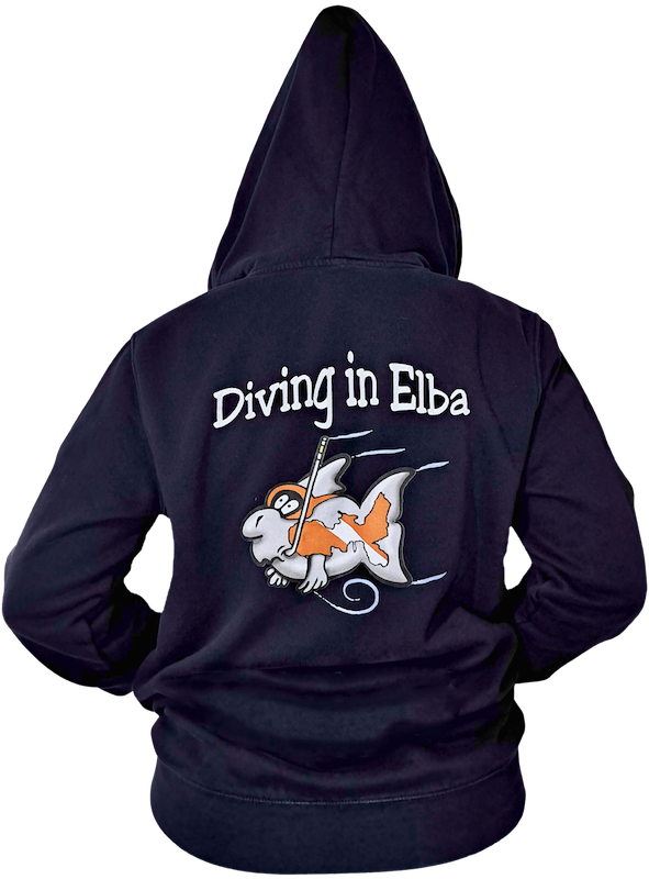 Felpa Diving in Elba blu navy, vista posteriore con logo Diving in Elba