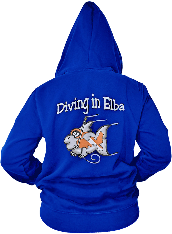 Felpa Diving in Elba blu, vista posteriore con logo Diving in Elba