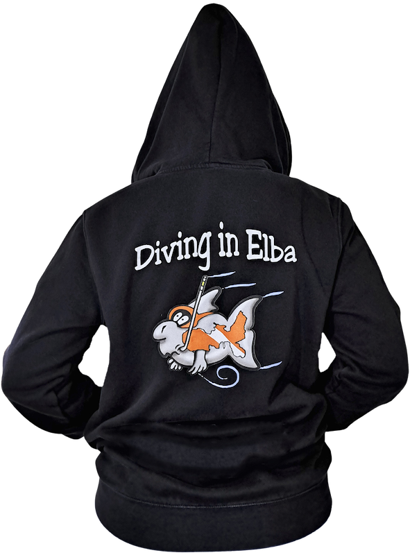 Felpa Diving in Elba nera, vista posteriore con logo Diving in Elba