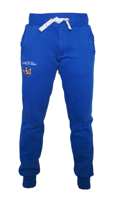Pantaloni Diving in Elba blu puffo, vista frontale con logo
