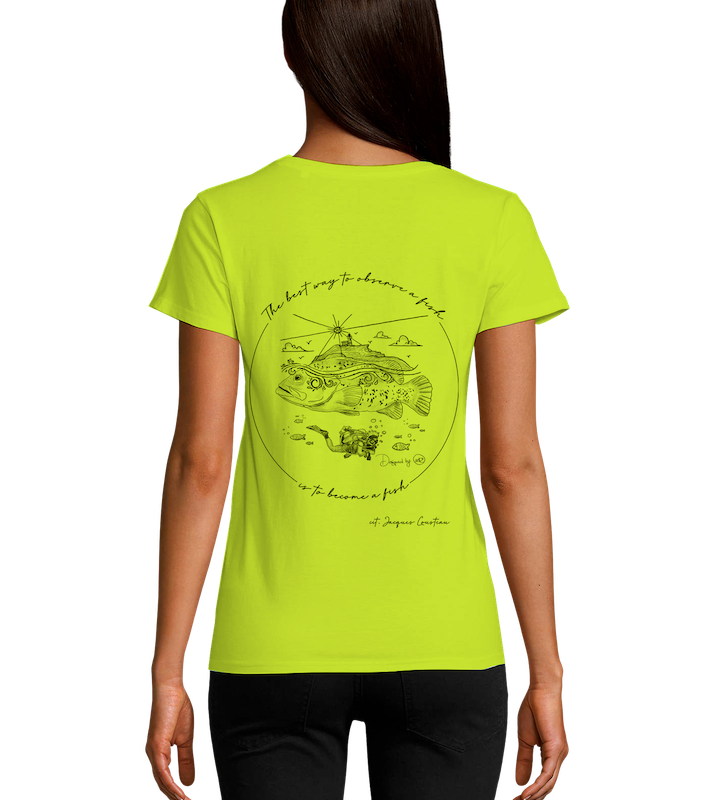 T-shirt Diving in Elba lime per donna, vista posteriore con illustrazione subacquea di cernia e sub