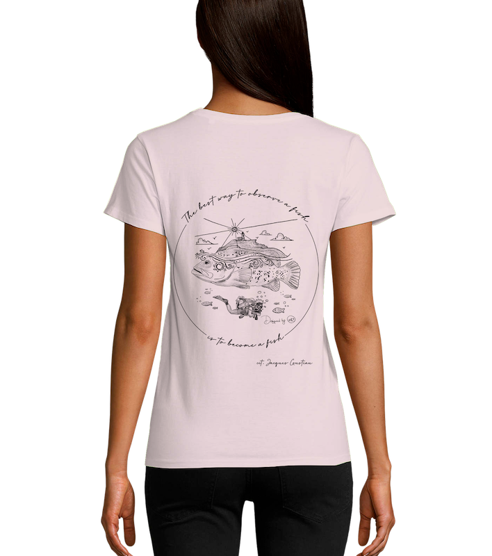 T-shirt Diving in Elba rosa per donna, vista posteriore con illustrazione subacquea di cernia e sub