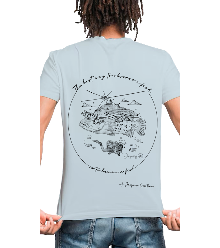 T-shirt Diving in Elba acquamarina per uomo, vista posteriore con illustrazione subacquea di cernia e sub