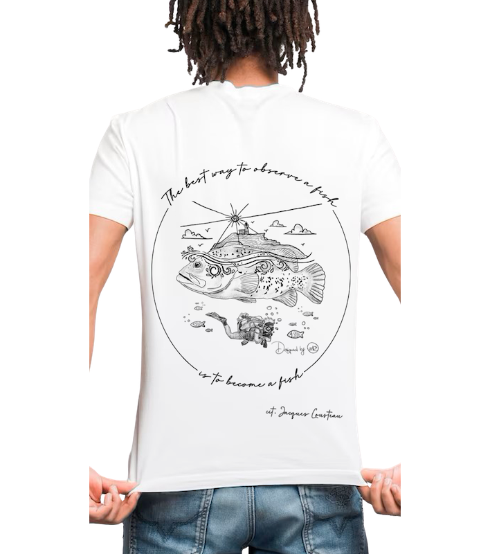 T-shirt Diving in Elba bianca per uomo, vista posteriore con illustrazione subacquea di cernia e sub
