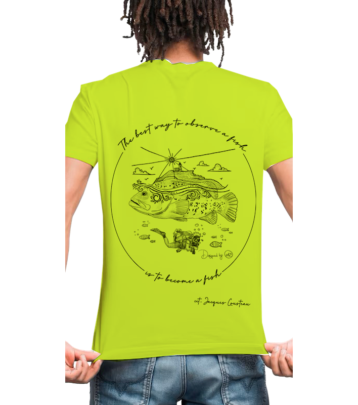 T-shirt Diving in Elba lime per uomo, vista posteriore con illustrazione subacquea di cernia e sub
